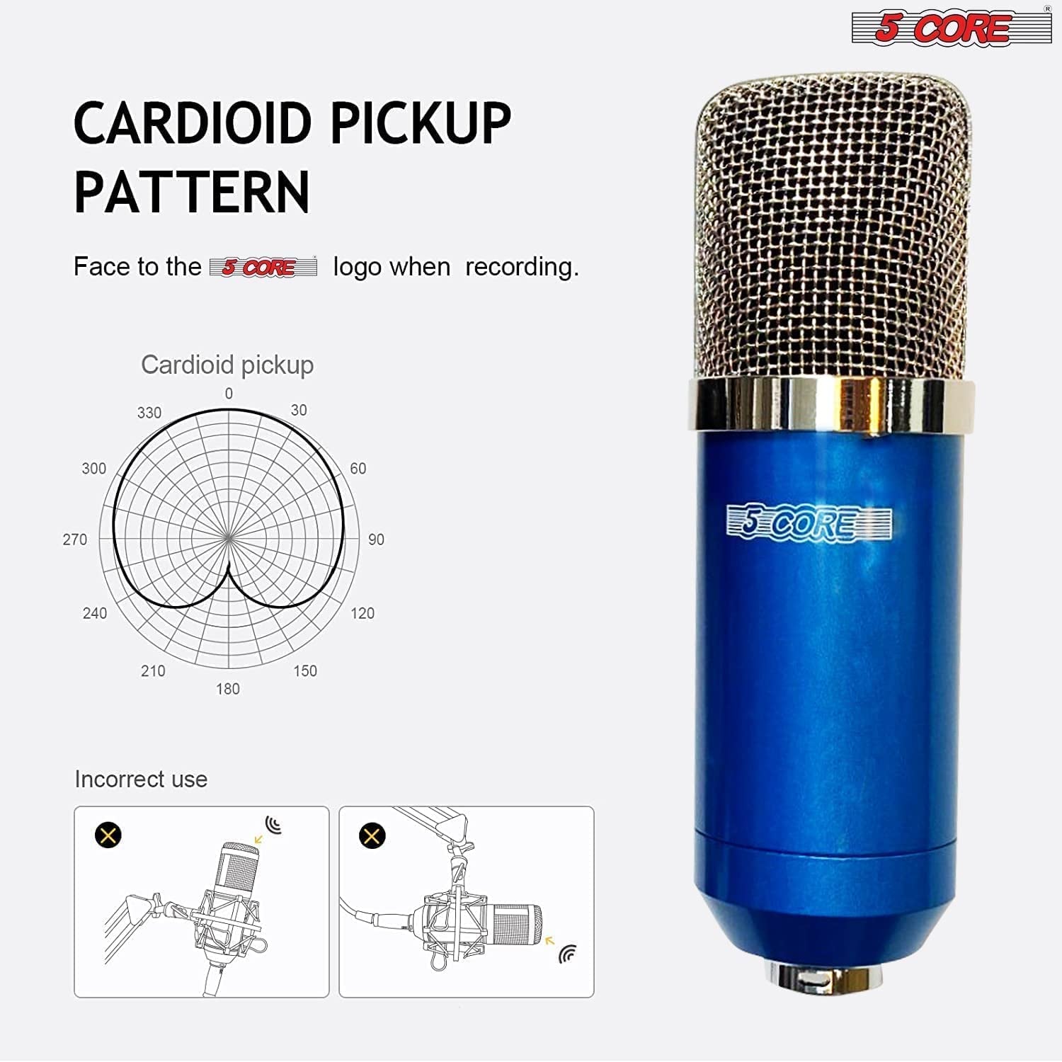 5 Core Studio Recording Kit Podcast Equipment Bundle Includes Recording Microphone Desk Arm Shock Mount Sponge XLR Cable Mini Tripod- RM 7 BLU