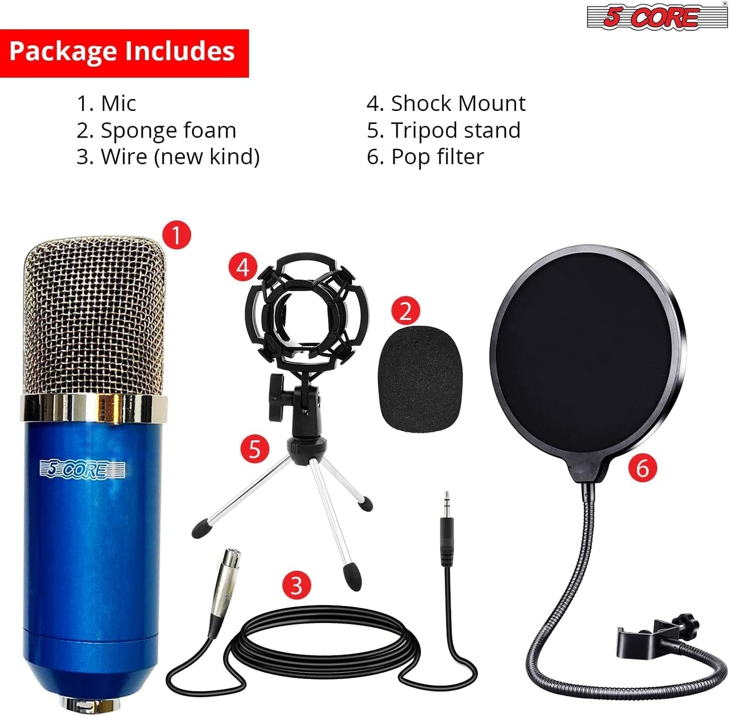 5 Core Studio Recording Kit Podcast Equipment Bundle Includes Recording Microphone Desk Arm Shock Mount Sponge XLR Cable Mini Tripod- RM 7 BLU